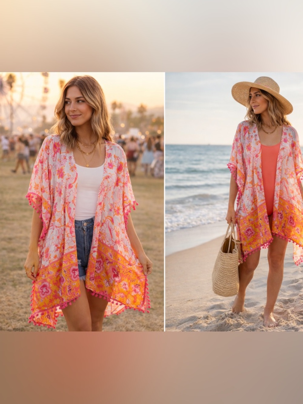Shiraleah Boho Floral Kimono Pink Orange Pom Pom Trim Beach Cover Up